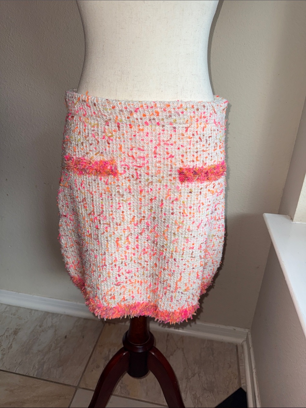 Zara Ivory Bouclé Mini Skirt with Pink & Orange Flecks